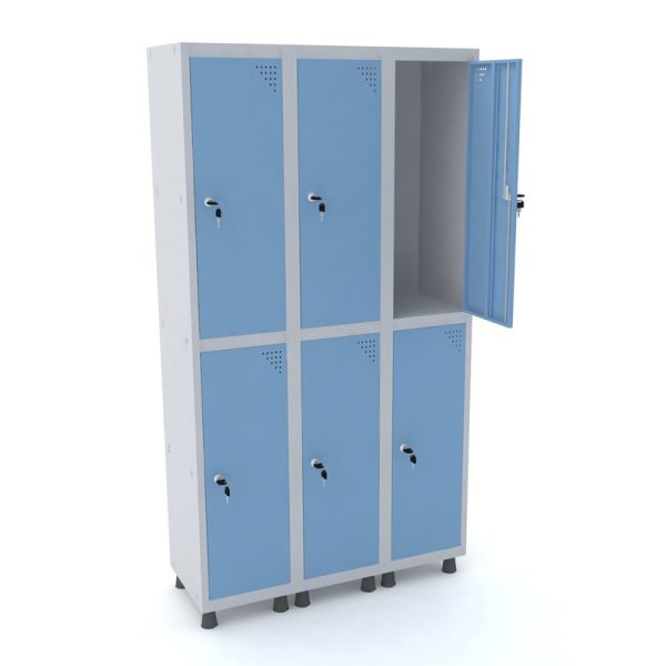 Roupeiro Horizontal de 6 portas com fechadura com chave cor azul claro