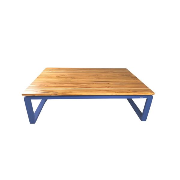 Mesa azul com tampo de madeira